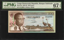 CONGO DEMOCRATIC REPUBLIC. Banque Nationale du Congo. 100 Francs, 1961-64. P-6a. PMG Superb Gem Uncirculated 67 EPQ.

Early 15-11-1961 date. Printed b...