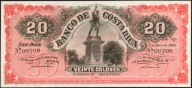 COSTA RICA. Banco de Costa Rica. 20 Colones, 1906. P-179r. Remainder. Uncirculated.

A beautiful design seen in remainder form.

From the Ricardo Coll...