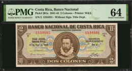COSTA RICA. Banco Nacional de Costa Rica. 2 Colones, 1941-44. P-201a. PMG Choice Uncirculated 64.

Estimate: $125.00-$175.00