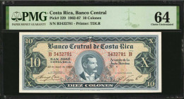 COSTA RICA. Banco Central de Costa Rica. 10 Colones, 1962-67. P-229. PMG Choice Uncirculated 64.

Estimate: $125.00-$250.00