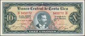 COSTA RICA. Banco Central de Costa Rica. 10 Colones, 1967. P-229. About Uncirculated.

A crisp 1967 10 Colones with Echeverria at center.

From the Ri...