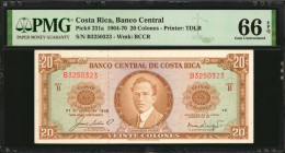 COSTA RICA. Banco Central de Costa Rica. 20 Colones, 1964-70. P-231a. PMG Gem Uncirculated 66 EPQ.

Estimate: $200.00-$400.00