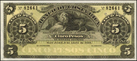 COSTA RICA. Banco de Costa Rica. 5 Pesos, 1899. P-S163r. Remainder. Uncirculated.

Remainder with a Lion pictured at center.

From the Ricardo Collect...