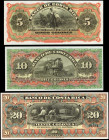COSTA RICA. Lot of (3). Banco de Costa Rica. 5, 10 & 20 Colones, 1901-08. P-S173r, S1744 & S175r. Remainders. About Uncirculated to Uncirculated.

3 p...