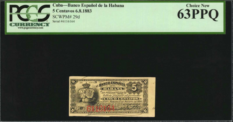 CUBA. Banco Espanol de la Habana. 5 Centavos, 1883. P-29d. PCGS Currency Choice ...