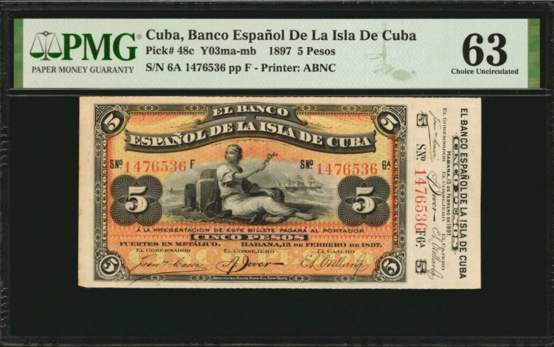 CUBA. Banco Espanol de la Isla de Cuba. 5 Pesos, 1897. P-48c. PMG Choice Uncircu...