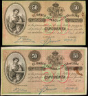 CUBA. Lot of (2). Banco Espanol de la Isla de Cuba. 50 Pesos, 1896. P-50a & 50b.

A duo of 50 Pesos notes, one with Plata and one without Plata. Stain...