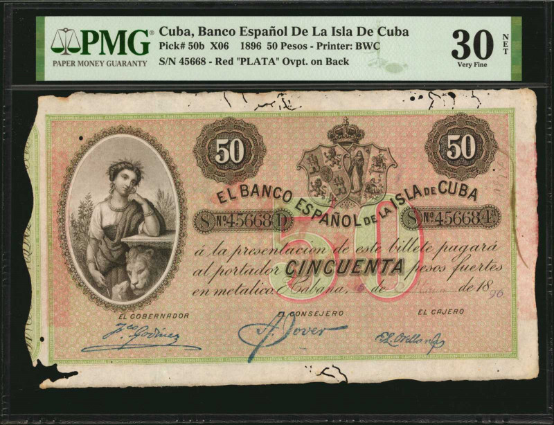 CUBA. Banco Espanol de la Isla de Cuba. 50 Pesos, 1896. P-50b. PMG Very Fine 30 ...