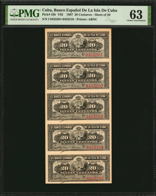 CUBA. Banco Espanol de la Isla de Cuba. 20 Centavos, 1897. P-53b. Sheet of 10. P...