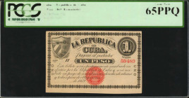 CUBA. Republica de Cuba. 1 Peso, 1869. P-55a. PCGS Currency Gem New 65 PPQ.

Remainder. Gem and fully original.

Estimate: $125.00-$250.00