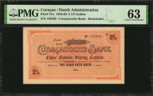 CURACAO. Curacaosche Bank. 2 1/2 Gulden, 1918-20. P-7Cr. Remainder. PMG Choice Uncirculated 63.

PMG comments "Minor Rust Damage."

Estimate: $150.00-...