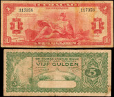 CURACAO. Lot of (2). Mixed Banks. 1 & 5 Gulden, 1939-42. P-22, 35. Fine.

Margin wear, staining and an internal tear are noticed.

Estimate: $50.00-$1...
