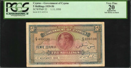 CYPRUS. Government of Cyprus. 5 Shillings, 1939-50. P-22. PCGS Currency Very Fine 20 Apparent. Ink Marks on Back.

PCGS Currency comments "Ink Marks o...
