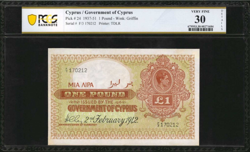 CYPRUS. Government of Cyprus. 1 Pound, 1937-51. P-24. PCGS Banknote Very Fine 30...