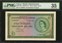 CYPRUS. British Administration. 5 Pounds, 1955. P-36a. PMG Choice Very Fine 35.

Beautiful green inks on this first date, 1955 Cyrpiot 5 Pound QEII. C...