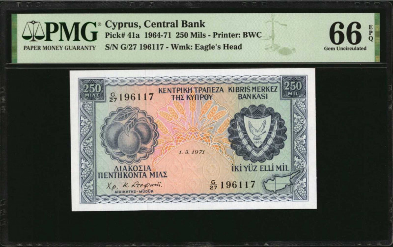 CYPRUS. Central Bank of Cyprus. 250 Mils, 1964-71. P-41a. PMG Gem Uncirculated 6...