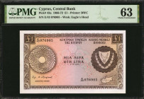 CYPRUS. Central Bank of Cyprus. 1 Pound, 1966-72. P-43a. PMG Choice Uncirculated 63.

PMG comments "Small Tear."

Estimate: $100.00-$200.00