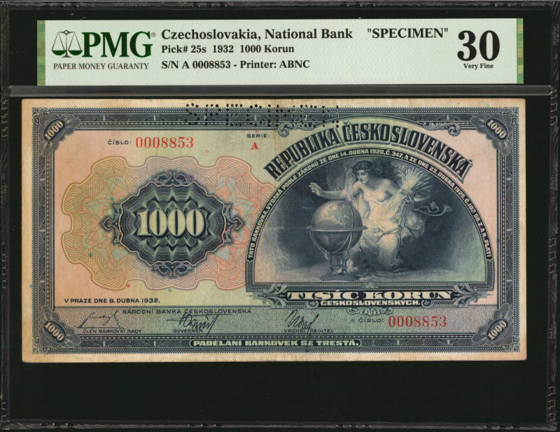 CZECHOSLOVAKIA. National Bank. 1000 Korun, 1932. P-25s. Specimen. PMG Very Fine ...