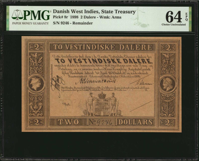 DANISH WEST INDIES. State Treasury. 2 Dalere, 1898. P-8r. Remainder. PMG Choice ...