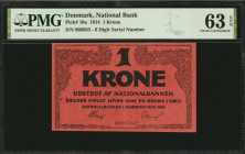 DENMARK. National Bank. 1 Krone, 1914. P-10a. PMG Choice Uncirculated 63 EPQ.

6 Digit serial number.

Estimate: $150.00-$200.00