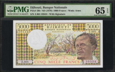 DJIBOUTI. Banque Nationale. 5000 Francs, ND (1979). P-38b. PMG Gem Uncirculated 65 EPQ.

Watermark of arms. With signature. PMG has graded a scant six...