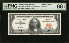 DOMINICAN REPUBLIC. Banco Central de la Republica Dominicana. 1 Peso Oro, ND (1947-55). P-60s. Specimen. PMG Gem Uncirculated 66 EPQ.

Estimate: $80.0...