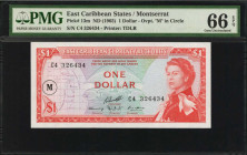 EAST CARIBBEAN STATES. East Caribbean Currency Authority. 1 Dollar, ND (1965). P-13m. PMG Gem Uncirculated 66 EPQ.

Printed by TDLR. Overprint "M" in ...