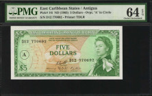 EAST CARIBBEAN STATES. East Caribbean Currency Authority. 5 Dollars, ND (1965). P-14i. PMG Choice Uncirculated 64 EPQ.

Printed by TDLR. Overprint "A"...