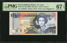 EAST CARIBBEAN STATES. Eastern Caribbean Central Bank. 10 Dollars, ND (1993). P-27l. PMG Superb Gem Uncirculated 67 EPQ.

Suffix letter "L."

Estimate...