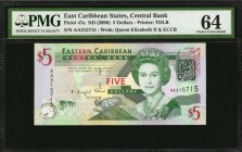 EAST CARIBBEAN STATES. Eastern Caribbean Central Bank. 5 Dollars, ND (2008). P-47a. PMG Choice Uncirculated 64.

Queen Elizabeth II and turtle design ...