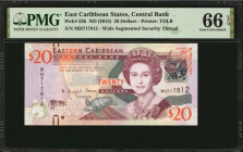 EAST CARIBBEAN STATES. Eastern Caribbean Central Bank. 20 Dollars, ND (2015). P-53b. PMG Gem Uncirculated 66 EPQ.

Printed by TDLR. Wide segmented sec...