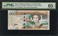 EAST CARIBBEAN STATES. Eastern Caribbean Central Bank. 100 Dollars, ND (2012). P-55a. PMG Gem Uncirculated 65 EPQ.

Printed by TDLR. Watermark of QEII...