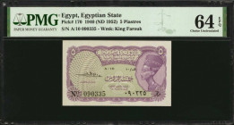 EGYPT. Egyptian State. 5 Piastres, 1940 (ND 1952). P-170. PMG Choice Uncirculated 64 EPQ.

Watermark of King Farouk. Nearly Gem.

Estimate: $200.00-$3...