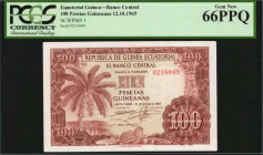 EQUATORIAL GUINEA. Banco Central. 100 Pesetas Guineanas, 1969. P-1. PCGS Currency Gem New 66 PPQ.

Estimate: $50.00-$100.00
