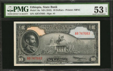 ETHIOPIA. State Bank of Ethiopia. 10 Dollars, ND (1945). P-14a. PMG About Uncirculated 53 EPQ.

Estimate: $200.00-$400.00
