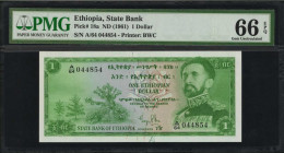ETHIOPIA. State Bank of Ethiopia. 1 Dollar, ND (1961). P-18a. PMG Gem Uncirculated 66 EPQ.

Printed by BWC. Gem.

Estimate: $50.00-$100.00