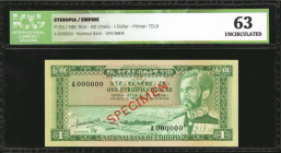 ETHIOPIA. National Bank of Ethiopia. 1 Dollar, ND (1966). P-25s. Specimen. ICG Choice Uncirculated 63.

Estimate: $50.00-$100.00