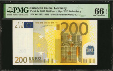 EUROPEAN UNION. European Central Bank. 200 Euro, 2002. P-6x. PMG Gem Uncirculated 66 EPQ.

Serial number prefix "X". Germany.

Estimate: $300.00-$500....