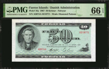 FAEROE ISLANDS. Danish Administration. 50 Kronur, 1967. P-16a. PMG Gem Uncirculated 66 EPQ.

Estimate: $100.00-$200.00