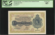 FALKLAND ISLANDS. Government of the Falkland Islands 1974. 1 Pound, 1974. P-8b. PCGS Currency Choice New 63.

Estimate: $50.00-$100.00