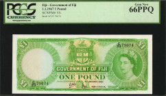 FIJI. Government of Fiji. 1 Pound, 1967. P-53i. PCGS Currency Gem New 66 PPQ.

QEII portrait at right with watermark of man's head at left.

Estimate:...