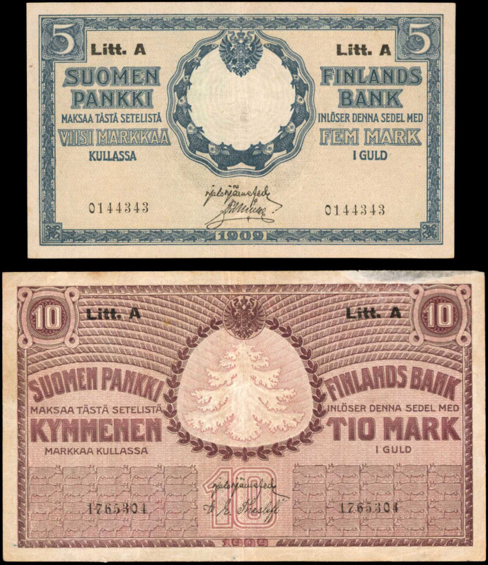 FINLAND. Lot of (2). Finlands Bank. 5 & 10 Mark, 1909. P-24 & 25. Fine & Extreme...