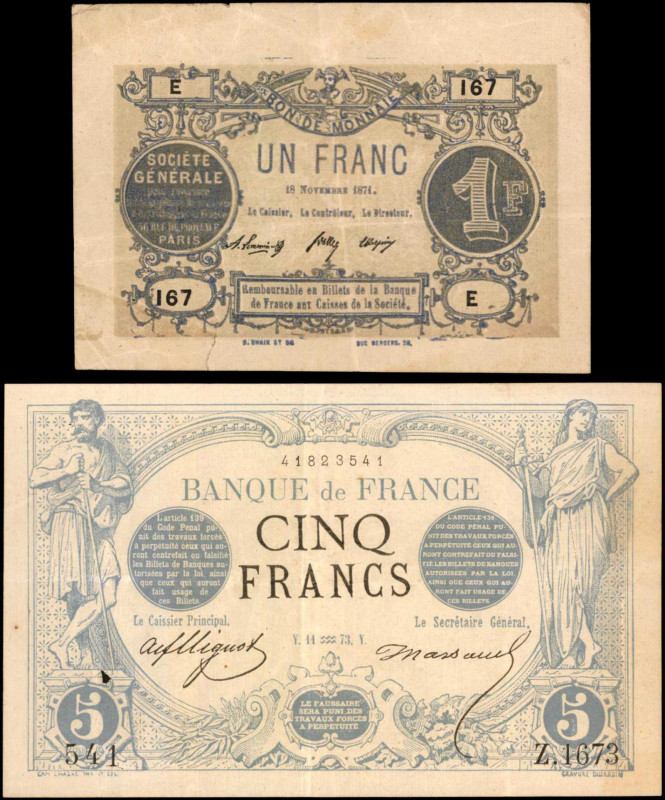 FRANCE. Lot of (2). Mixed Banks. 1 & 5 Francs, 1873-74. P-60 & Unlisted. Very Fi...