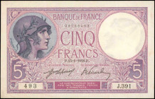FRANCE. Banque de France. 5 Francs, 1918. P-72a. About Uncirculated.

Pinholes and staple holes are noticed.

Estimate: $50.00-$100.00
