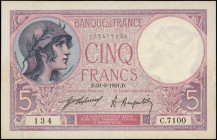 FRANCE. Banque de France. 5 Francs, 1921. P-72b. Very Fine.

A scarcer 5 Francs variety, and found with a tougher 1921 date.

Estimate: $50.00-$100.00