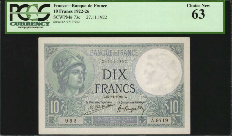FRANCE. Banque de France. 10 Francs, 1922. P-73c. PCGS Currency Choice New 63.

...