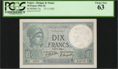 FRANCE. Banque de France. 10 Francs, 1922. P-73c. PCGS Currency Choice New 63.

PCGS Currency comments "Pinholes at Left."

Estimate: $100.00-$200.00
