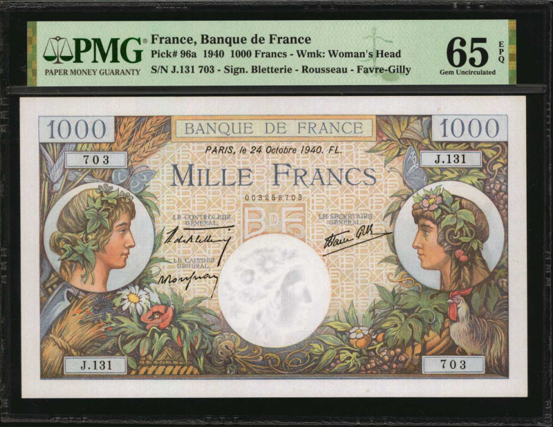 FRANCE. Banque de France. 1000 Francs, 1940. P-96a. PMG Gem Uncirculated 65 EPQ....