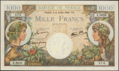 FRANCE. Banque de France. 1000 Francs, 1944. P-96c. About Uncirculated.

Estimate: $125.00-$250.00