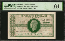 FRANCE. Tresor Central. 1000 Francs, ND (1944). P-107. PMG Choice Uncirculated 64.

Minor toning is noticed and mentioned for accuracy.

Estimate: $75...
